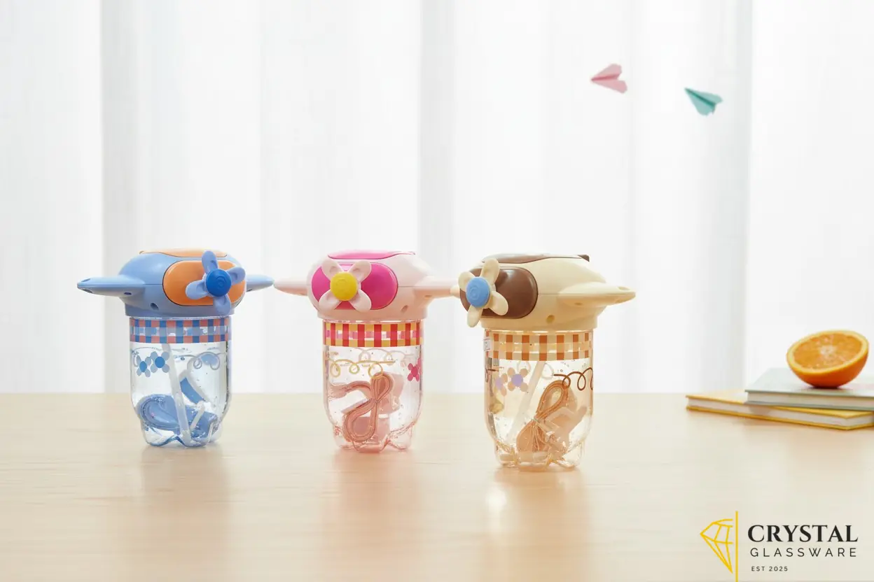 Cartoon airplane whirlwind kids water bottles featuring a clear plastic body straw and a spinning propeller toy on the airplane-shaped lid